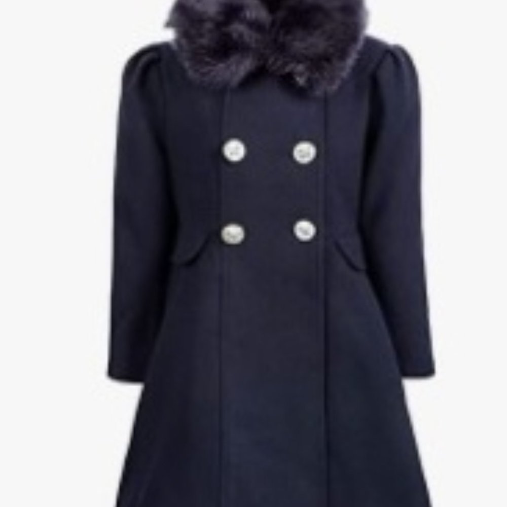 NWT Rothschild Det. Faux Fur Trim Collar Princess Coat Navy- 5/6,6X